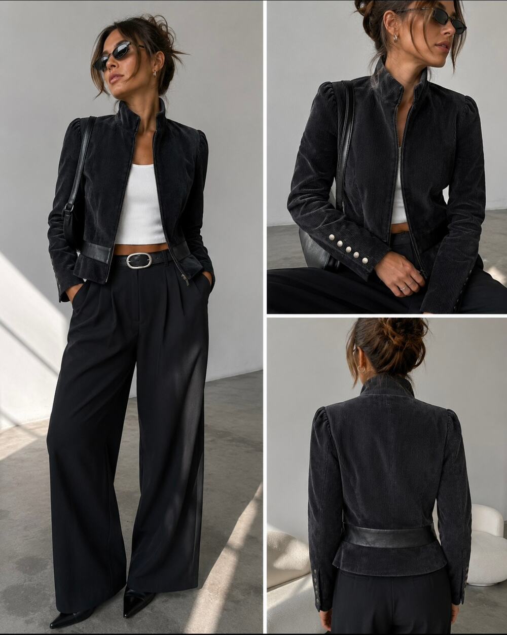 Alice + Olivia Courdoroy Military Blazer Jacket- Black Pinstripe Cropped Size Sm